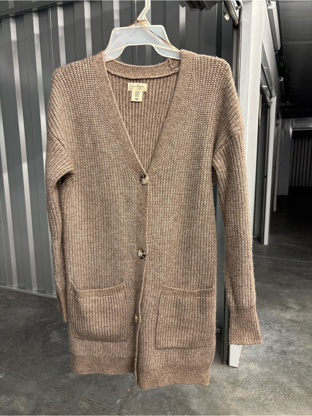 Jessica Simpson Taupe Tan Long V-Neck Button Cardigan Cable Knit Women’s XS Slit